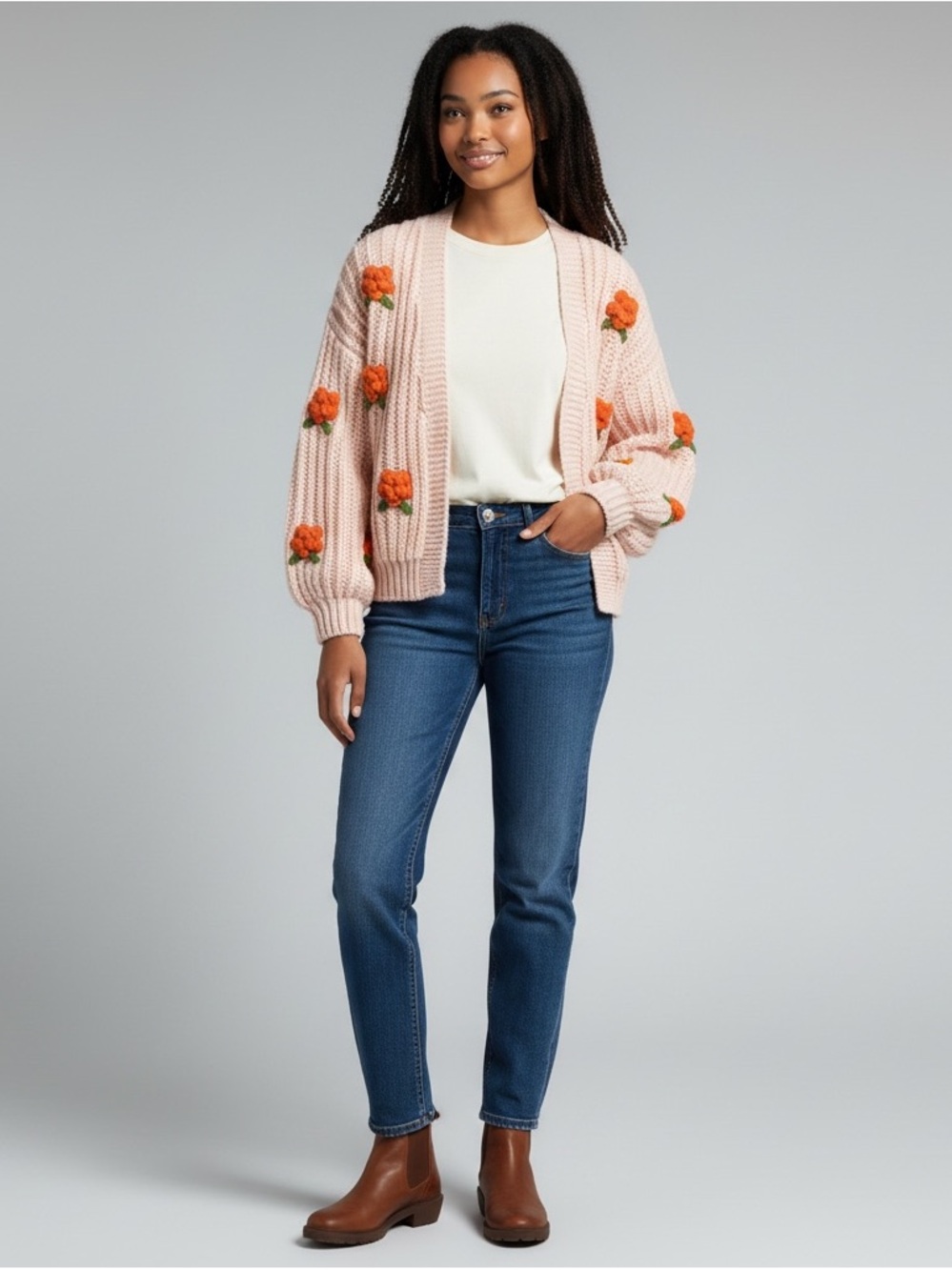 Cozy Floral Pom-Pom Cardigan in Blush Pink